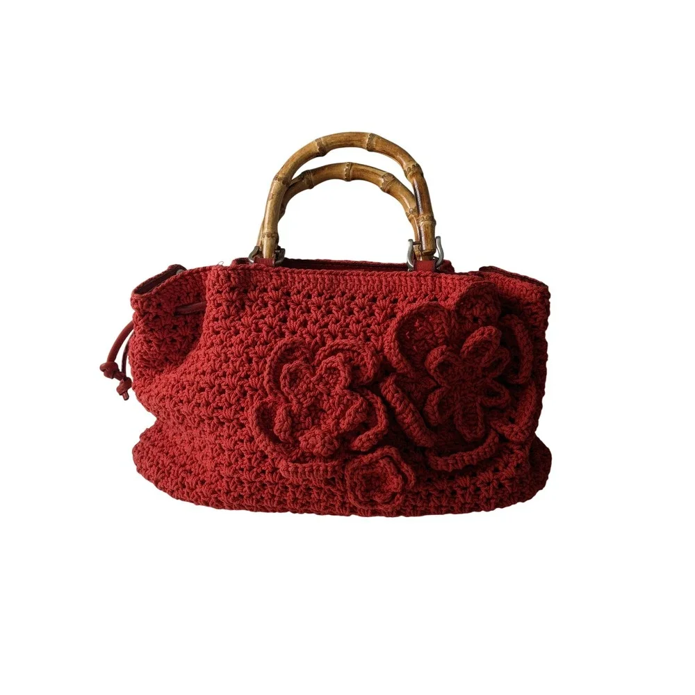 Patricia Nash Red Crochet Floral Satchel Bag Bamboo Handles Boho Handbag